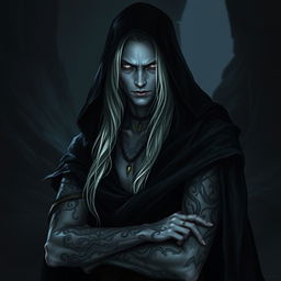 A Shadar-kai figure with long white hair stands shadowed, draped in a mysterious dark cloak