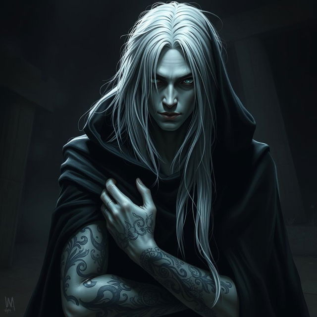 A Shadar-kai figure with long white hair stands shadowed, draped in a mysterious dark cloak