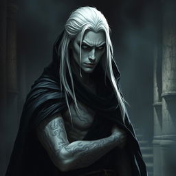 A Shadar-kai figure with long white hair stands shadowed, draped in a mysterious dark cloak