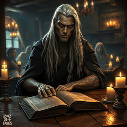 A Shadar-kai figure with long white hair sits at a rustic wooden table in a dimly lit tavern, surrounded by the warm glow of candlelight