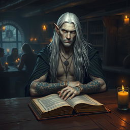 A Shadar-kai figure with long white hair sits at a rustic wooden table in a dimly lit tavern, surrounded by the warm glow of candlelight