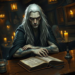 A Shadar-kai figure with long white hair sits at a rustic wooden table in a dimly lit tavern, surrounded by the warm glow of candlelight