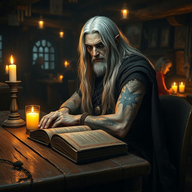 A Shadar-kai figure with long white hair sits at a rustic wooden table in a dimly lit tavern, surrounded by the warm glow of candlelight