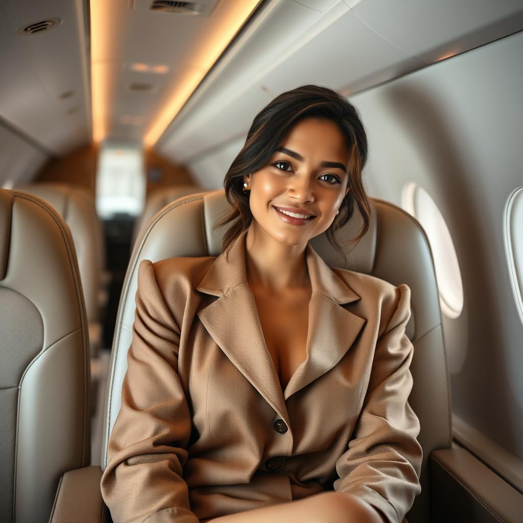 A beautiful 30-year-old woman sitting in the top section of an airplane, exuding elegance and sophistication
