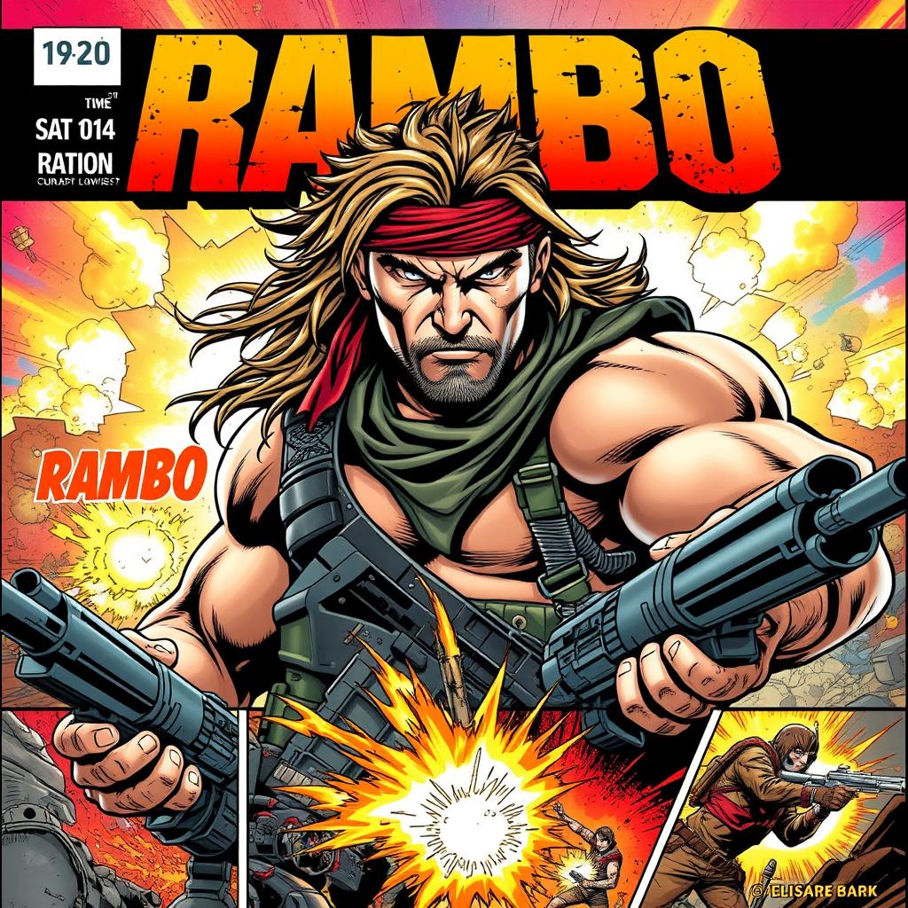 A dynamic and highly detailed comic book cover featuring a muscular, battle-ready soldier inspired by the archetype of a war hero