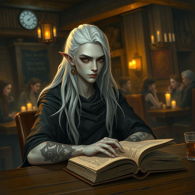 A younger Shadar-kai figure with long white hair, adorned with stylish earrings, sits at a wooden table in a cozy tavern