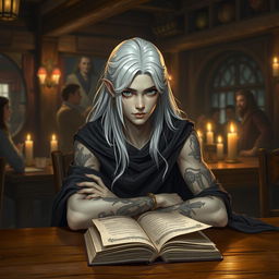 A younger Shadar-kai figure with long white hair, adorned with stylish earrings, sits at a wooden table in a cozy tavern