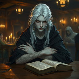 A younger Shadar-kai figure with long white hair, adorned with stylish earrings, sits at a wooden table in a cozy tavern