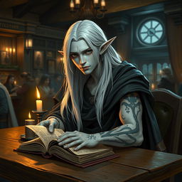 A younger Shadar-kai figure with long white hair, adorned with stylish earrings, sits at a wooden table in a cozy tavern