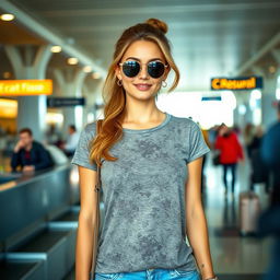 A sexy young woman in a stylish t-shirt at the airport, exuding confidence and charm