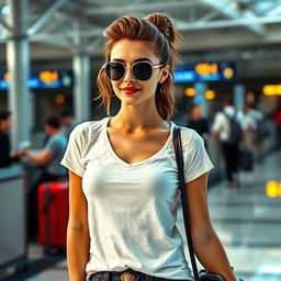 A sexy young woman in a stylish t-shirt at the airport, exuding confidence and charm