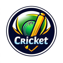 A creative and modern logo design for a cricket team, featuring a stylized cricket bat and ball integrated into the design