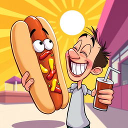 A surreal and humorous illustration of a cartoon character with a large, exaggerated grin, playfully looking at a giant comically oversized hot dog, with a bright sunny background featuring vibrant colors