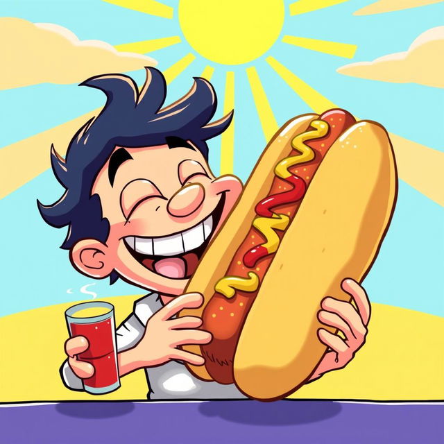A surreal and humorous illustration of a cartoon character with a large, exaggerated grin, playfully looking at a giant comically oversized hot dog, with a bright sunny background featuring vibrant colors