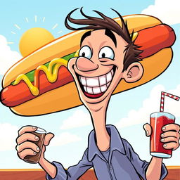 A surreal and humorous illustration of a cartoon character with a large, exaggerated grin, playfully looking at a giant comically oversized hot dog, with a bright sunny background featuring vibrant colors