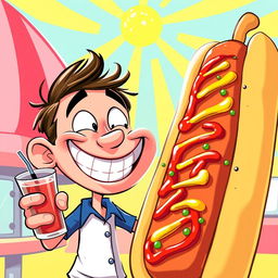 A surreal and humorous illustration of a cartoon character with a large, exaggerated grin, playfully looking at a giant comically oversized hot dog, with a bright sunny background featuring vibrant colors