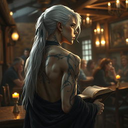 A young Shadar-kai figure with long white hair, adorned with stylish earrings, is depicted from behind in a cozy tavern setting