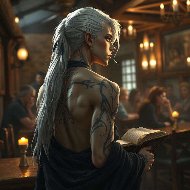 A young Shadar-kai figure with long white hair, adorned with stylish earrings, is depicted from behind in a cozy tavern setting