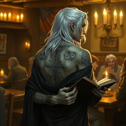 A young Shadar-kai figure with long white hair, adorned with stylish earrings, is depicted from behind in a cozy tavern setting