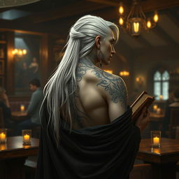 A young Shadar-kai figure with long white hair, adorned with stylish earrings, is depicted from behind in a cozy tavern setting