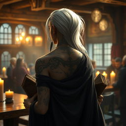 A young Shadar-kai figure with long white hair, adorned with stylish earrings, is depicted from behind in a cozy tavern setting