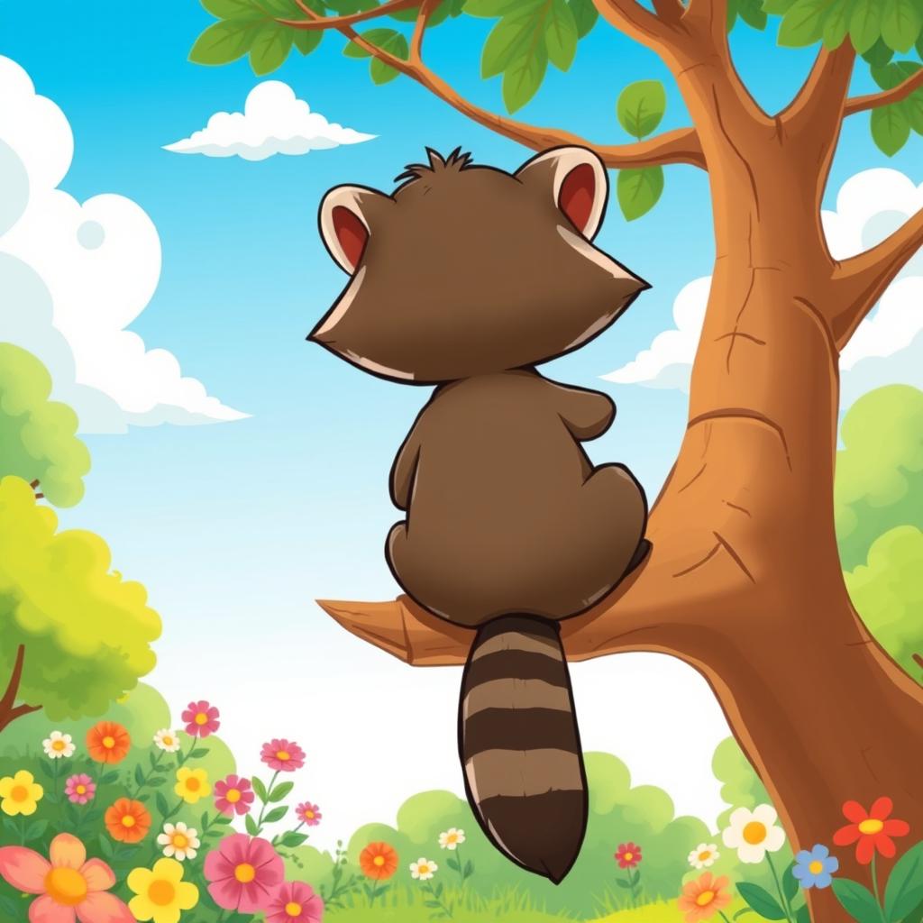 A playful and vibrant cartoon-style illustration of a cute animal, such as a quirky raccoon or mischievous monkey, sitting on a tree branch with its back to the viewer
