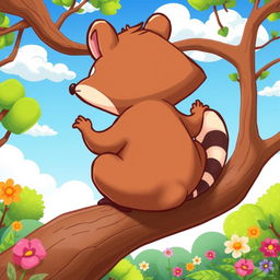 A playful and vibrant cartoon-style illustration of a cute animal, such as a quirky raccoon or mischievous monkey, sitting on a tree branch with its back to the viewer