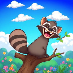 A playful and vibrant cartoon-style illustration of a cute animal, such as a quirky raccoon or mischievous monkey, sitting on a tree branch with its back to the viewer