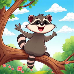 A playful and vibrant cartoon-style illustration of a cute animal, such as a quirky raccoon or mischievous monkey, sitting on a tree branch with its back to the viewer