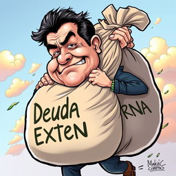 A cartoon caricature of Rafael Correa, depicted in a humorous style, struggling to carry an enormous bag of money