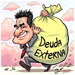A cartoon caricature of Rafael Correa, depicted in a humorous style, struggling to carry an enormous bag of money