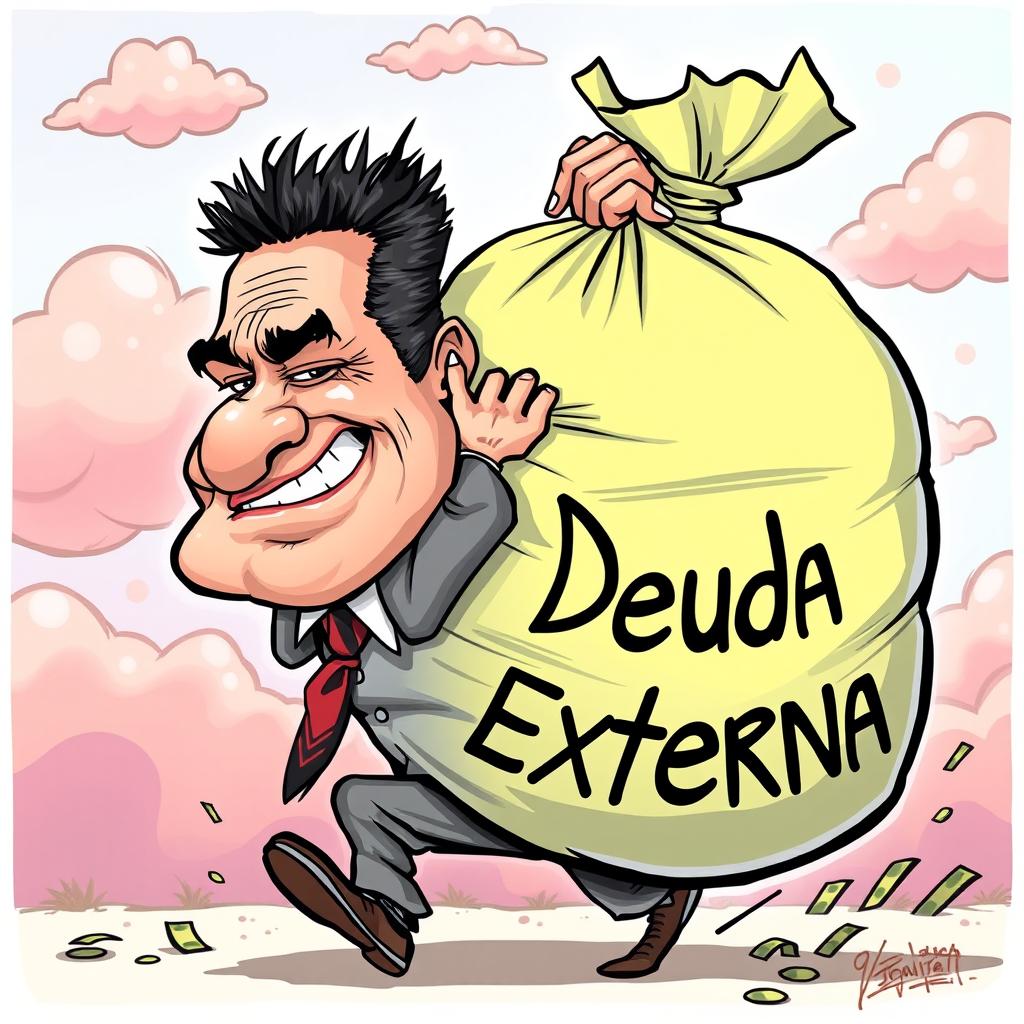 A cartoon caricature of Rafael Correa, depicted in a humorous style, struggling to carry an enormous bag of money