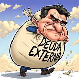 A cartoon caricature of Rafael Correa, depicted in a humorous style, struggling to carry an enormous bag of money