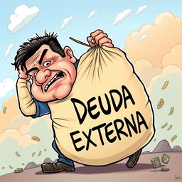 A cartoon caricature of Rafael Correa, depicted in a humorous style, struggling to carry an enormous bag of money