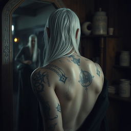 A Shadar-kai figure stands with his back to a mirror, capturing a moment of reflection