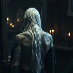 A Shadar-kai figure stands with his back to a mirror, capturing a moment of reflection