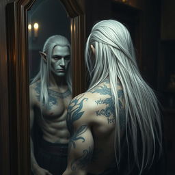 A Shadar-kai figure stands with his back to a mirror, capturing a moment of reflection