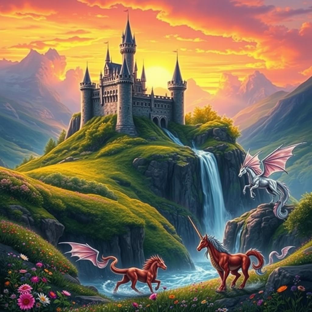 A vibrant fantasy landscape featuring a majestic castle set atop a cliff, surrounded by lush green valleys and colorful wildflowers