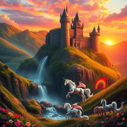 A vibrant fantasy landscape featuring a majestic castle set atop a cliff, surrounded by lush green valleys and colorful wildflowers