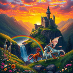 A vibrant fantasy landscape featuring a majestic castle set atop a cliff, surrounded by lush green valleys and colorful wildflowers