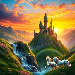 A vibrant fantasy landscape featuring a majestic castle set atop a cliff, surrounded by lush green valleys and colorful wildflowers