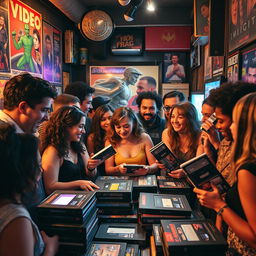 A vivid scene of a captivating video swap event, featuring diverse individuals in a lively atmosphere, exchanging vintage and modern video tapes, surrounded by retro posters and nostalgic memorabilia
