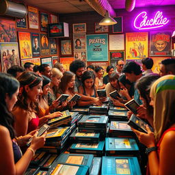 A vivid scene of a captivating video swap event, featuring diverse individuals in a lively atmosphere, exchanging vintage and modern video tapes, surrounded by retro posters and nostalgic memorabilia