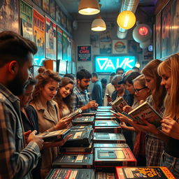 A vivid scene of a captivating video swap event, featuring diverse individuals in a lively atmosphere, exchanging vintage and modern video tapes, surrounded by retro posters and nostalgic memorabilia
