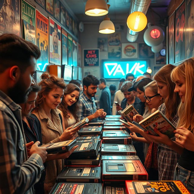 A vivid scene of a captivating video swap event, featuring diverse individuals in a lively atmosphere, exchanging vintage and modern video tapes, surrounded by retro posters and nostalgic memorabilia