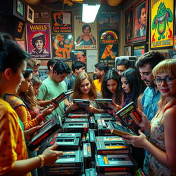 A vivid scene of a captivating video swap event, featuring diverse individuals in a lively atmosphere, exchanging vintage and modern video tapes, surrounded by retro posters and nostalgic memorabilia