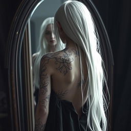 A young female Shadar-kai character stands in front of a mirror, captured from behind, showcasing her intricate tattoos and various scars that narrate her past experiences