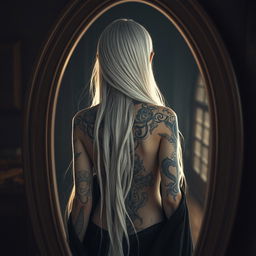 A young female Shadar-kai character stands in front of a mirror, captured from behind, showcasing her intricate tattoos and various scars that narrate her past experiences