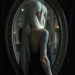A young female Shadar-kai character stands in front of a mirror, captured from behind, showcasing her intricate tattoos and various scars that narrate her past experiences