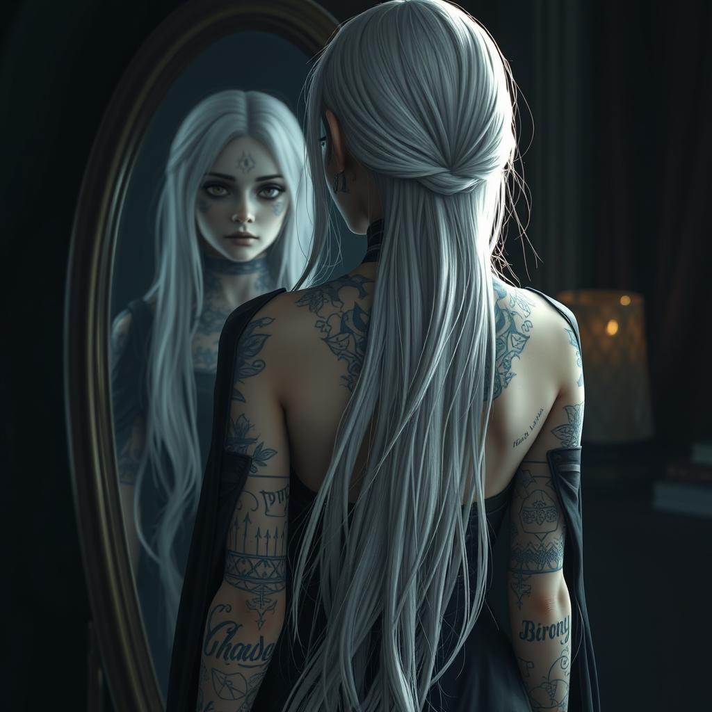 A young female Shadar-kai character stands in front of a mirror, captured from behind, showcasing her intricate tattoos and various scars that narrate her past experiences